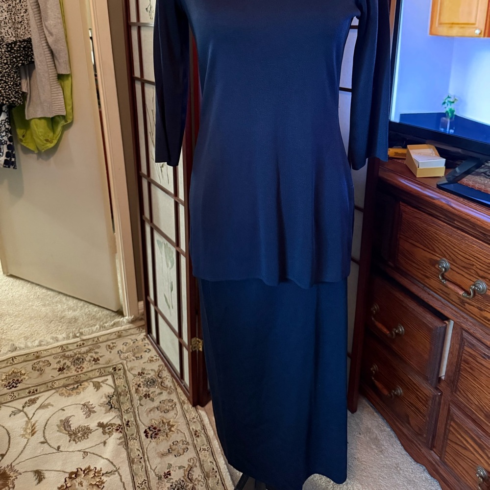 Italian knit Elegant Navy Blue Women's skirt and top